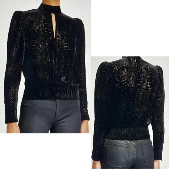 Frame Puff Sleeve Velvet Burnout Reptile Pattern Black Top XS - Picture 1 of 10
